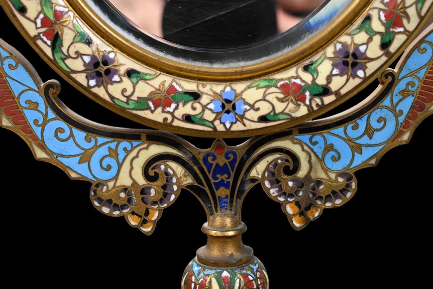 Gilt Bronze and Champlevé Enamel Table Mirror, Signed Gilt Bronze and Champlevé Enamel Table Mirror, Signed