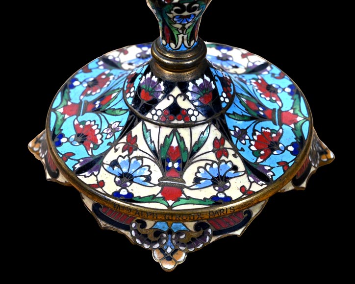 Gilt Bronze and Champlevé Enamel Table Mirror, Signed Gilt Bronze and Champlevé Enamel Table Mirror, Signed