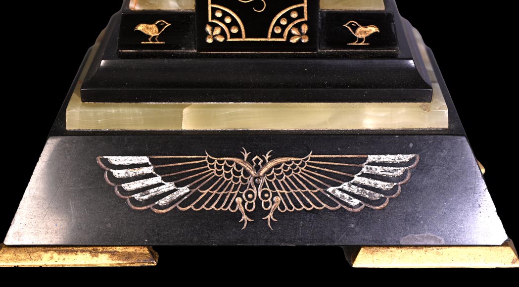 Egyptian Revival mantel garniture in black marble, green onyx, and gilt bronze-13