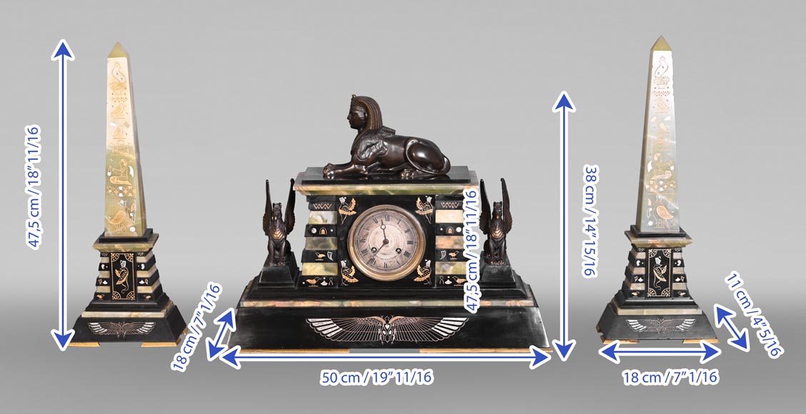 Egyptian Revival mantel garniture in black marble, green onyx, and gilt bronze-14