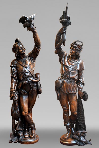 RIBAILLER and MAZAROZ, Pair of walnut statues of a hunter and a fisherman, after the 1855 Universal Exhibition RIBAILLER and MAZAROZ, Pair of walnut statues of a hunter and a fisherman, after the 1855 Universal Exhibition-0