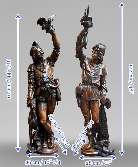 RIBAILLER and MAZAROZ, Pair of walnut statues of a hunter and a fisherman, after the 1855 Universal Exhibition RIBAILLER and MAZAROZ, Pair of walnut statues of a hunter and a fisherman, after the 1855 Universal Exhibition-12
