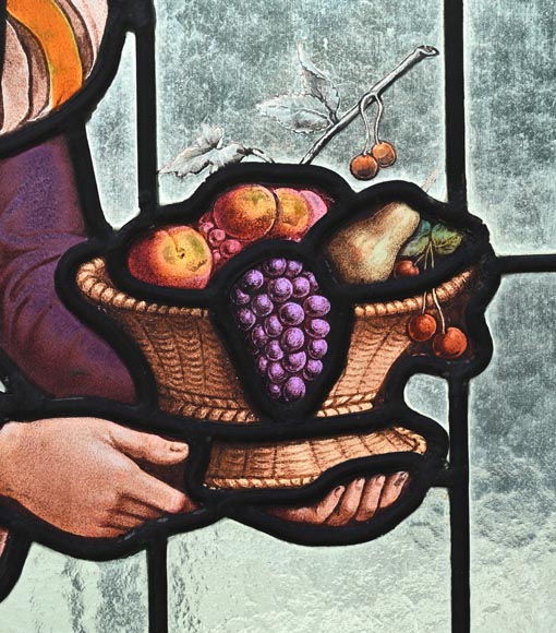 Double stained glass window in neo-Renaissance style depicting two figures with offerings Double stained glass window in neo-Renaissance style depicting two figures with offerings-5