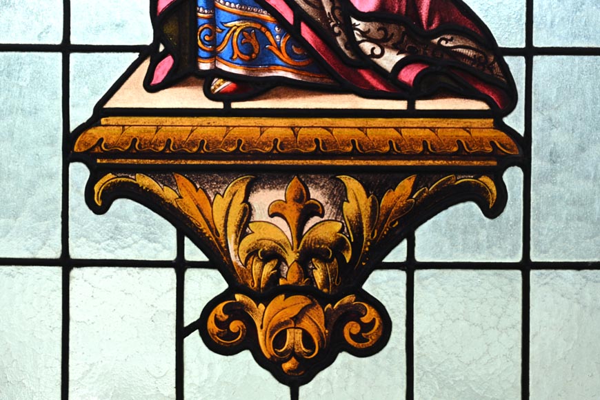 Double stained glass window in neo-Renaissance style depicting two figures with offerings Double stained glass window in neo-Renaissance style depicting two figures with offerings-7