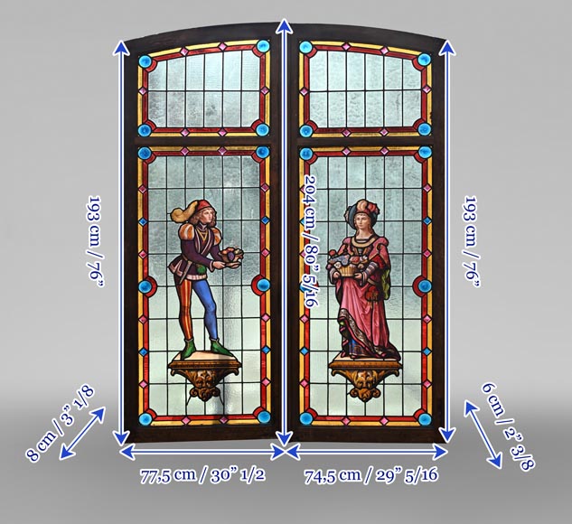 Double stained glass window in neo-Renaissance style depicting two figures with offerings Double stained glass window in neo-Renaissance style depicting two figures with offerings-10