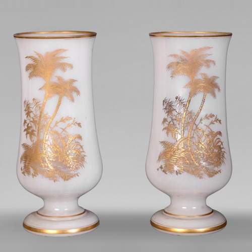 BACCARAT – Pair of White Opaline Vases with Gilded Japonist Decoration