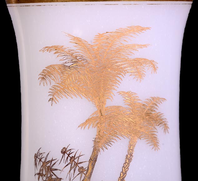 BACCARAT – Pair of White Opaline Vases with Gilded Japonist Decoration-3