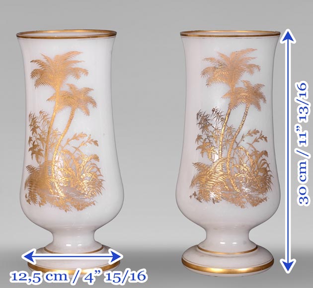 BACCARAT – Pair of White Opaline Vases with Gilded Japonist Decoration-11