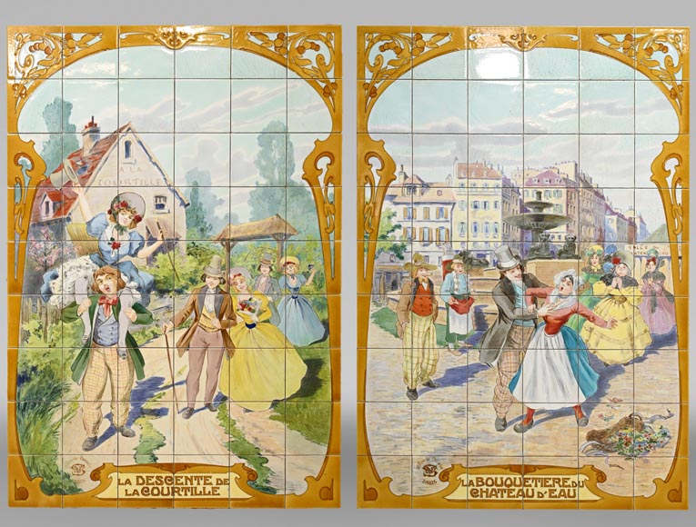FAÏENCERIE DE SARREGUEMINES, Two Ceramic Panels of Parisian Scenes, from 1881-0