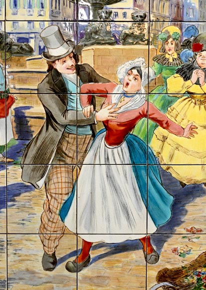 FAÏENCERIE DE SARREGUEMINES, Two Ceramic Panels of Parisian Scenes, from 1881-5