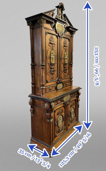 Imposing Neo-Renaissance cabinet in walnut, marble, gilt bronze and hardstones, circa 1870 Imposing Neo-Renaissance cabinet in walnut, marble, gilt bronze and hardstones, circa 1870-14