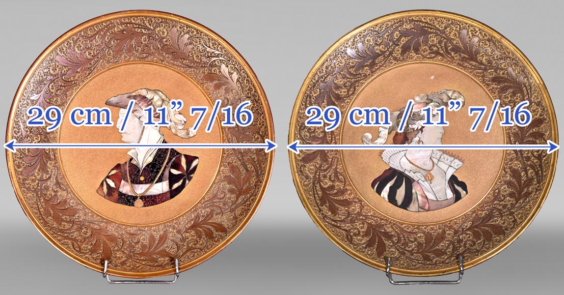 Kayser Sohn, Renaissance Figures – Pair of Decorative Corviniello Chargers, dated 1884-9