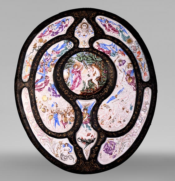 Decorative shield with high-relief decoration of the Creation to the Last Judgment after the Milton Shield by Léonard Morel-Ladeuil, Naples porcelain, known as Capodimonte porcelain Decorative shield with high-relief decoration of the Creation to the Last Judgment after the Milton Shield by Léonard Morel-Ladeuil, Naples porcelain, known as Capodimonte porcelain-0