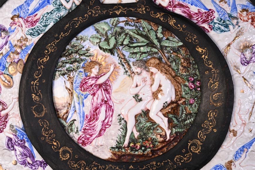 Decorative shield with high-relief decoration of the Creation to the Last Judgment after the Milton Shield by Léonard Morel-Ladeuil, Naples porcelain, known as Capodimonte porcelain Decorative shield with high-relief decoration of the Creation to the Last Judgment after the Milton Shield by Léonard Morel-Ladeuil, Naples porcelain, known as Capodimonte porcelain-1