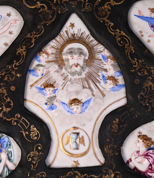 Decorative shield with high-relief decoration of the Creation to the Last Judgment after the Milton Shield by Léonard Morel-Ladeuil, Naples porcelain, known as Capodimonte porcelain Decorative shield with high-relief decoration of the Creation to the Last Judgment after the Milton Shield by Léonard Morel-Ladeuil, Naples porcelain, known as Capodimonte porcelain-2