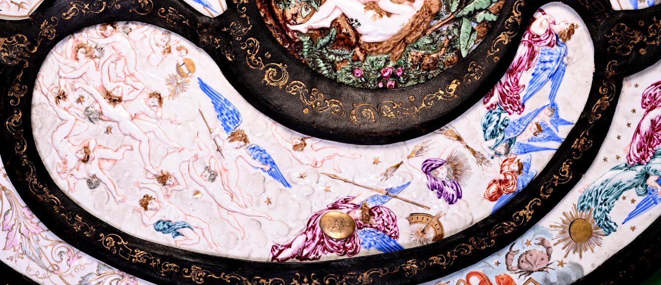 Decorative shield with high-relief decoration of the Creation to the Last Judgment after the Milton Shield by Léonard Morel-Ladeuil, Naples porcelain, known as Capodimonte porcelain Decorative shield with high-relief decoration of the Creation to the Last Judgment after the Milton Shield by Léonard Morel-Ladeuil, Naples porcelain, known as Capodimonte porcelain-10