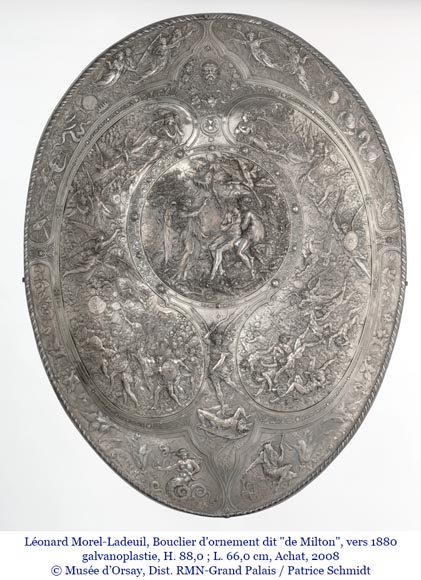 Decorative shield with high-relief decoration of the Creation to the Last Judgment after the Milton Shield by Léonard Morel-Ladeuil, Naples porcelain, known as Capodimonte porcelain Decorative shield with high-relief decoration of the Creation to the Last Judgment after the Milton Shield by Léonard Morel-Ladeuil, Naples porcelain, known as Capodimonte porcelain-17