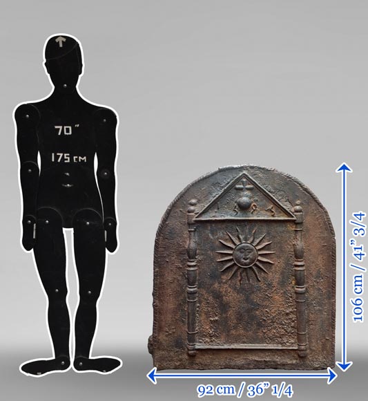 Cast iron fireback dated 1693, decorated with a radiant sun and architectural symbols Cast iron fireback dated 1693, decorated with a radiant sun and architectural symbols-6