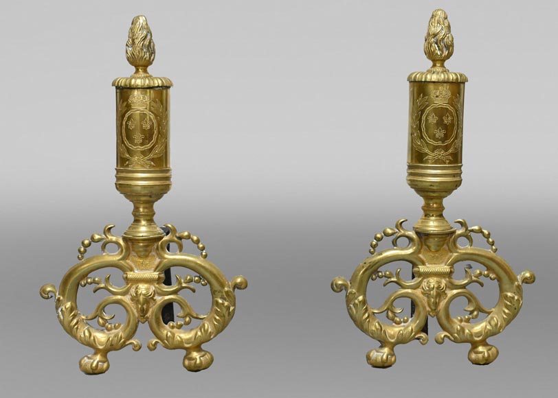 Pair of gilt bronze andirons, Restoration style, early 19th century-0