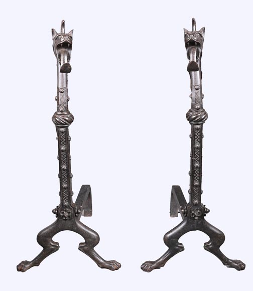 E. LARCHEVÊQUE, pair of wrought iron fire dogs with dragon heads E. LARCHEVÊQUE, pair of wrought iron fire dogs with dragon heads-1