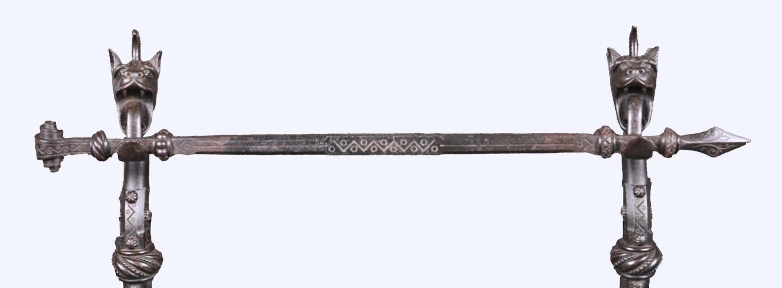 E. LARCHEVÊQUE, pair of wrought iron fire dogs with dragon heads E. LARCHEVÊQUE, pair of wrought iron fire dogs with dragon heads-7