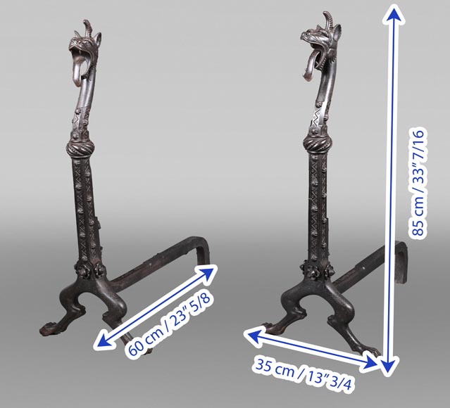 E. LARCHEVÊQUE, pair of wrought iron fire dogs with dragon heads E. LARCHEVÊQUE, pair of wrought iron fire dogs with dragon heads-14