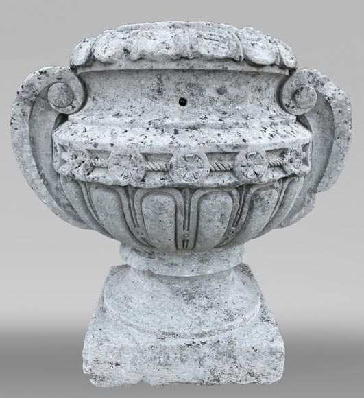 Carved stone outdoor vase with spiral handle Carved stone outdoor vase with spiral handle-0