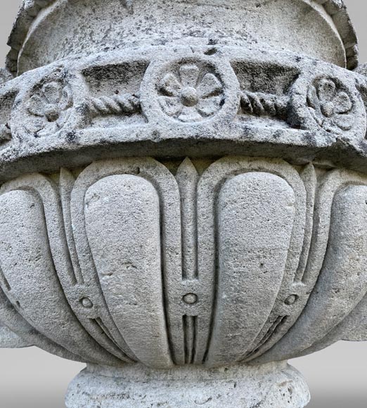 Carved stone outdoor vase with spiral handle Carved stone outdoor vase with spiral handle-2