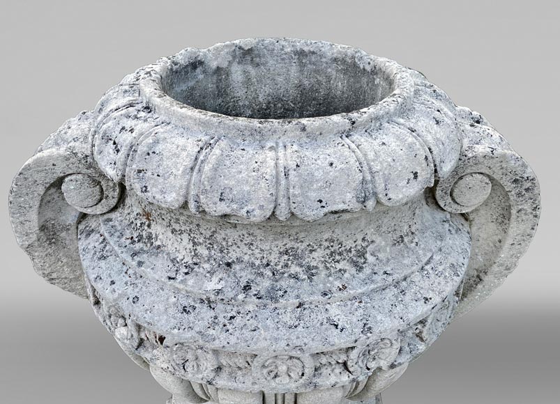 Carved stone outdoor vase with spiral handle Carved stone outdoor vase with spiral handle-4