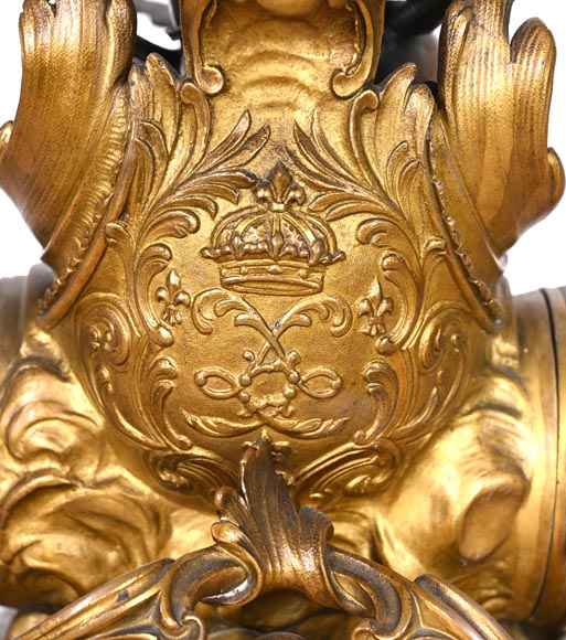 Rococo style clock with Louis XV monogram, gilt and patinated bronze Rococo style clock with Louis XV monogram, gilt and patinated bronze-10