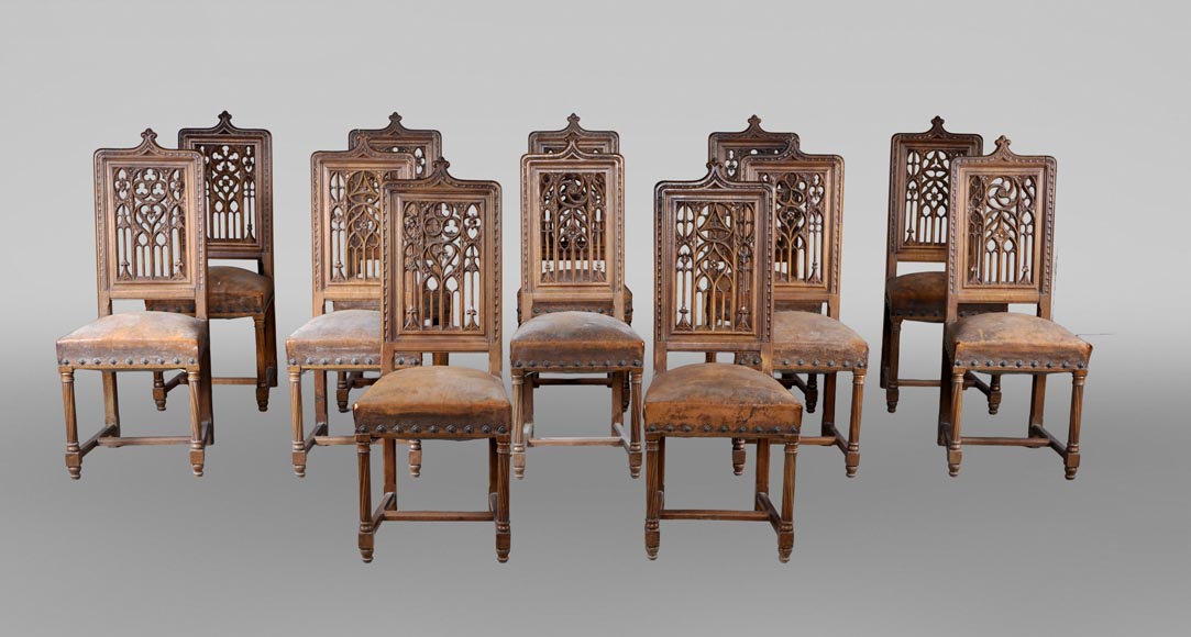 Set of 12 Neo-Gothic chairs featuring four different types of openwork backs Set of 12 Neo-Gothic chairs featuring four different types of openwork backs-0