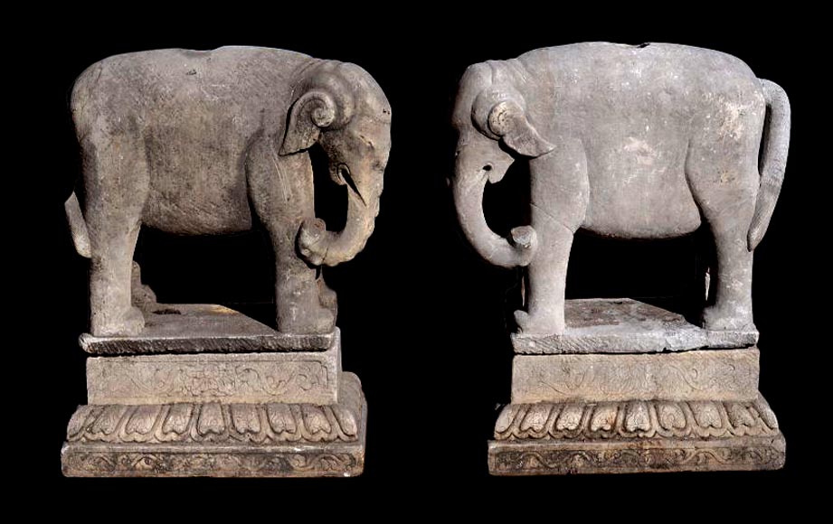 Pair of Vietnamese-style carved stone elephant statues-1