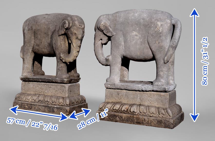 Pair of Vietnamese-style carved stone elephant statues-8