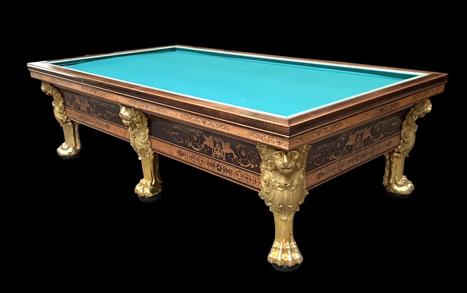 PORET AND PANNETIER, French billiard table in the Louis-Philippe style with rich marquetry decoration, resting on six gilt bronze lion's feet PORET AND PANNETIER, French billiard table in the Louis-Philippe style with rich marquetry decoration, resting on six gilt bronze lion's feet-1