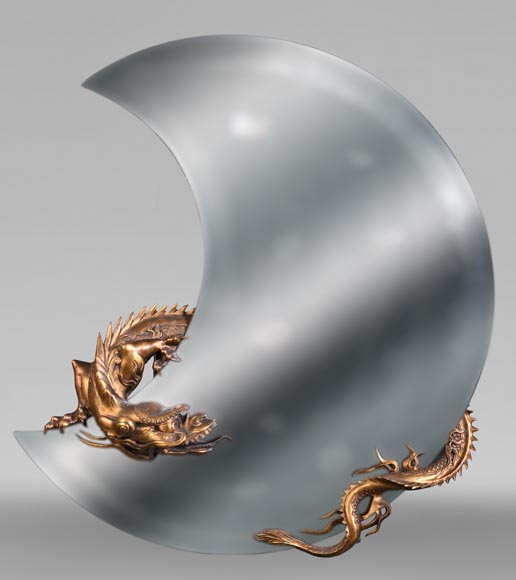 Gabriel VIARDOT (1830–1904), (attributed to) – Rare japoniste crescent-moon mirror with bronze dragon Gabriel VIARDOT (1830–1904), (attributed to) – Rare japoniste crescent-moon mirror with bronze dragon-0