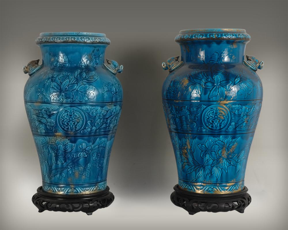 Longwy faience: pair of vases on a wood base Longwy faience: pair of vases on a wood base-0