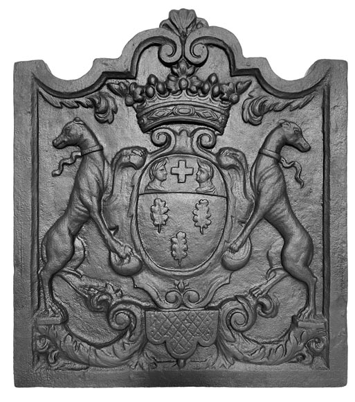 Fireplace plaque with coat of arms supported by two greyhounds-0