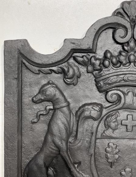 Fireplace plaque with coat of arms supported by two greyhounds-1