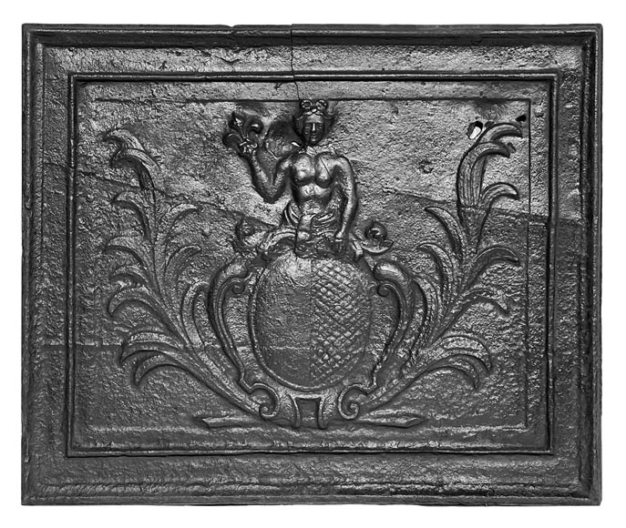 Fireplace plaque with coat of arms surmounted by Apollo holding a fleur-de-lis-0