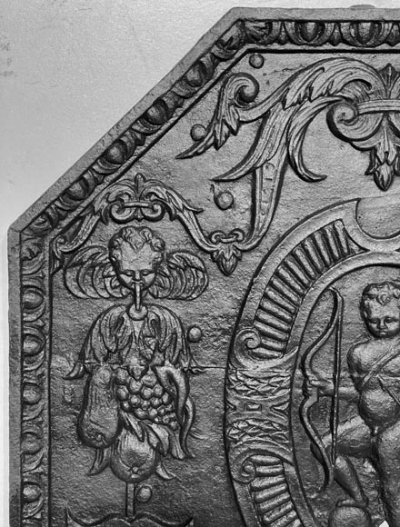 Louis XVI period fireplace plaque decorated with Cupid in a medallion-1