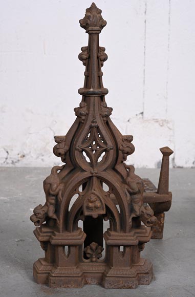 Pair of Neo-Gothic Iron Fire Dogs Pair of Neo-Gothic Iron Fire Dogs-1