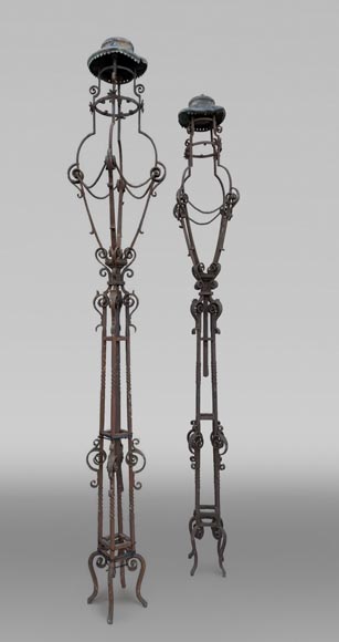 Pair of wrought iron lighting candelabra with openwork shafts, in the Renaissance taste Pair of wrought iron lighting candelabra with openwork shafts, in the Renaissance taste-0