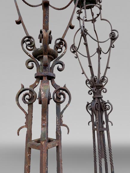 Pair of wrought iron lighting candelabra with openwork shafts, in the Renaissance taste Pair of wrought iron lighting candelabra with openwork shafts, in the Renaissance taste-3