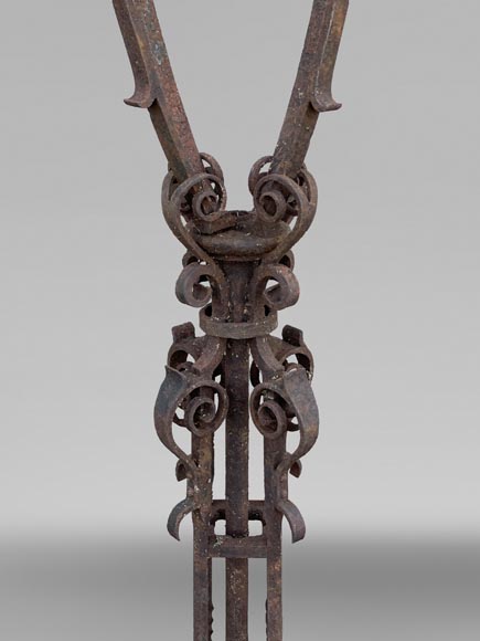 Pair of wrought iron lighting candelabra with openwork shafts, in the Renaissance taste Pair of wrought iron lighting candelabra with openwork shafts, in the Renaissance taste-4