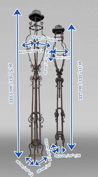 Pair of wrought iron lighting candelabra with openwork shafts, in the Renaissance taste Pair of wrought iron lighting candelabra with openwork shafts, in the Renaissance taste-6
