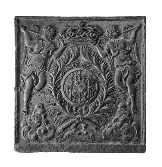 Large Cast Iron Fireback with the Arms of the Dukes of Lorraine, Flanked by Musical Angels Large Cast Iron Fireback with the Arms of the Dukes of Lorraine, Flanked by Musical Angels-0