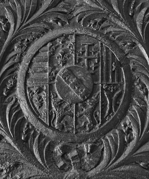 Large Cast Iron Fireback with the Arms of the Dukes of Lorraine, Flanked by Musical Angels Large Cast Iron Fireback with the Arms of the Dukes of Lorraine, Flanked by Musical Angels-1