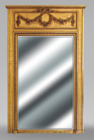 Gilt Louis XVI-style trumeau mirror with a floral wreath-0