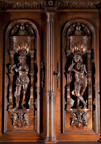 Large Neo-Troubadour buffet made out of carved walnut with bronze low-reliefs signed by Ferdinand Barbedienne Large Neo-Troubadour buffet made out of carved walnut with bronze low-reliefs signed by Ferdinand Barbedienne-1