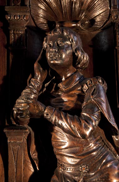 Large Neo-Troubadour buffet made out of carved walnut with bronze low-reliefs signed by Ferdinand Barbedienne Large Neo-Troubadour buffet made out of carved walnut with bronze low-reliefs signed by Ferdinand Barbedienne-2